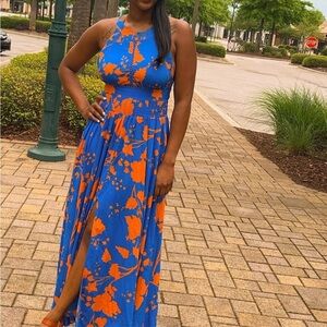 Abel The Label x Anthropologie halter floral blue organs maxi dress women medium